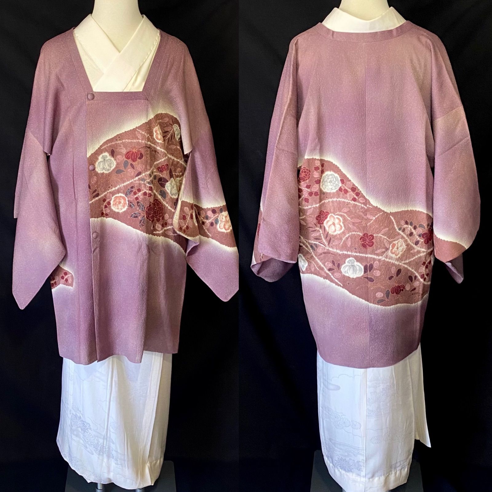 薄紫の花模様の道行〉SALE 絵羽 暈し染め しぼ 未使用に近い美品 裄  