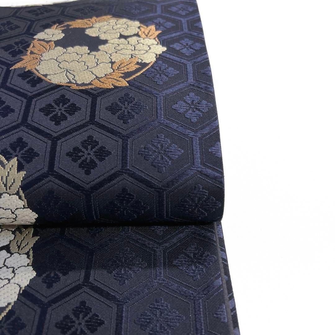 袋帯牡丹紋花紋亀甲花菱ネイビー着物021a d 