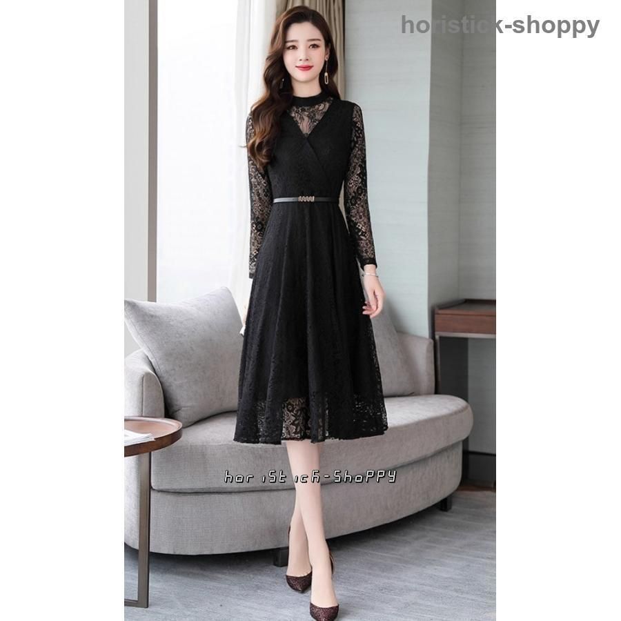 良い品質 パーティードレス 結婚式 お呼ばれ 40代 30代 20代 総レース ドレス ワンピース 大きいサイズ 袖あり 長袖 ひざ丈 スタンド Aライン