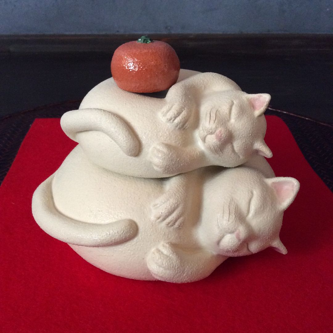 猫鏡餅(*´꒳`*) セパレートタイプ 白猫親子 蜜柑 a(大) 鏡餅の