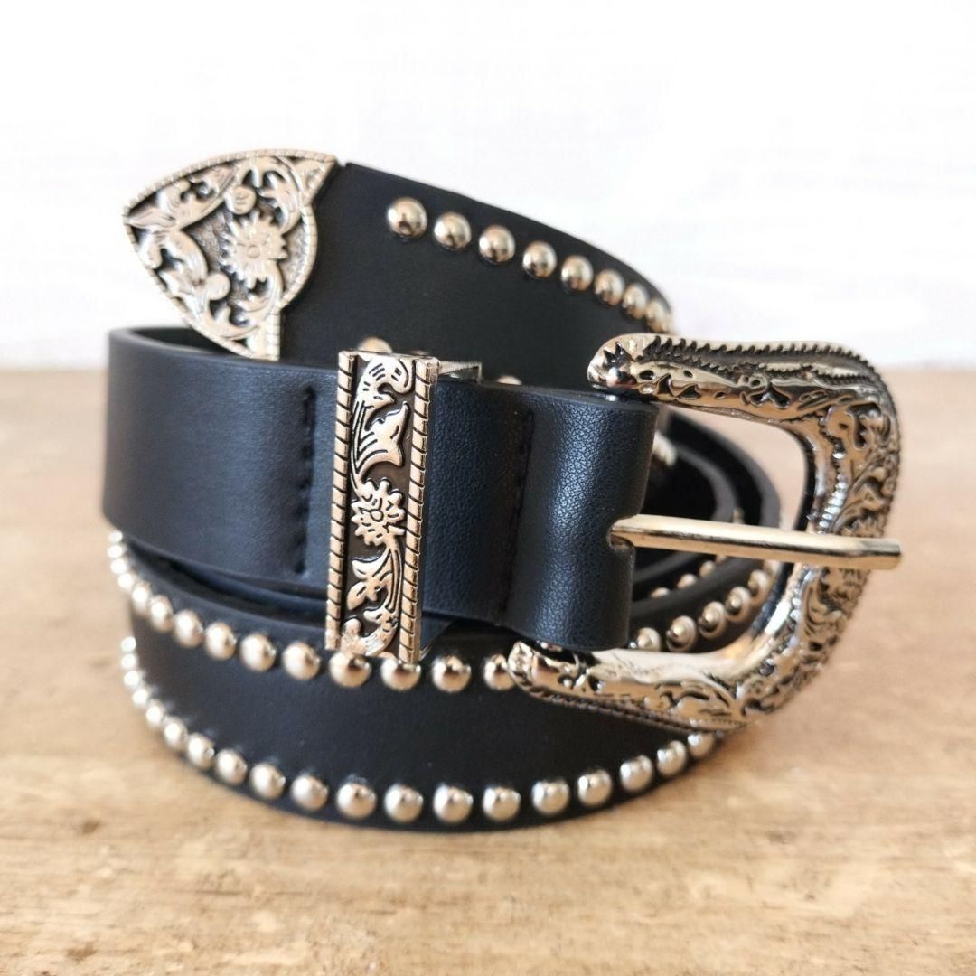 ベルト レザー シルバー スタッズ メタル アメカジ メンズ ブラック 黒