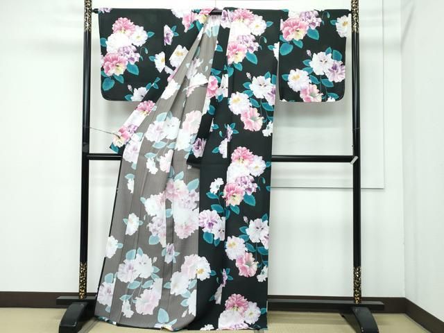 平和屋着物 上 夏物 撫松庵 小紋 浴衣兼用 セオアルファ フリルパンジー 黒地 洗える着物 ♥ CZAA3711s5