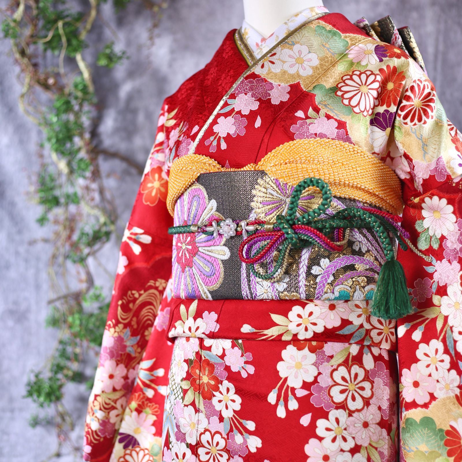 振袖フルセット 振袖セット 振袖 M～Lサイズ 中古 赤×古典 美品 成人式