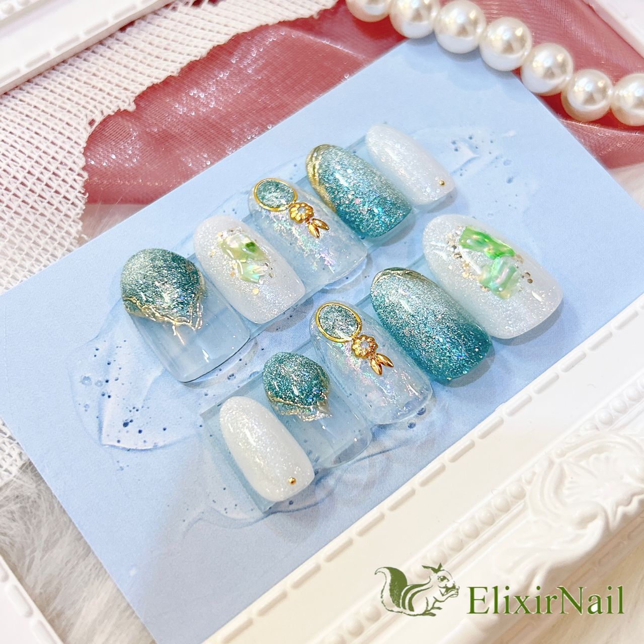 No.332　ネイルチップ　ジェルネイル　ニュアンス　キラキラ　マグネット 現品】ネイルチップ 青 緑 マグネット ニュアンス - メルカリ