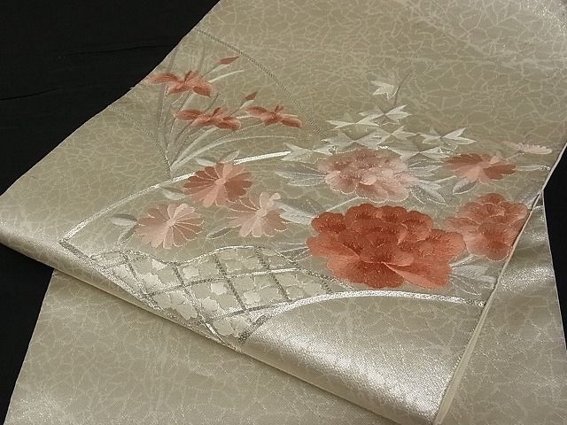 平和屋-こころ店■夏物　九寸開き名古屋帯　刺繍　地紙花文　銀糸　正絹　逸品　A-ms1351