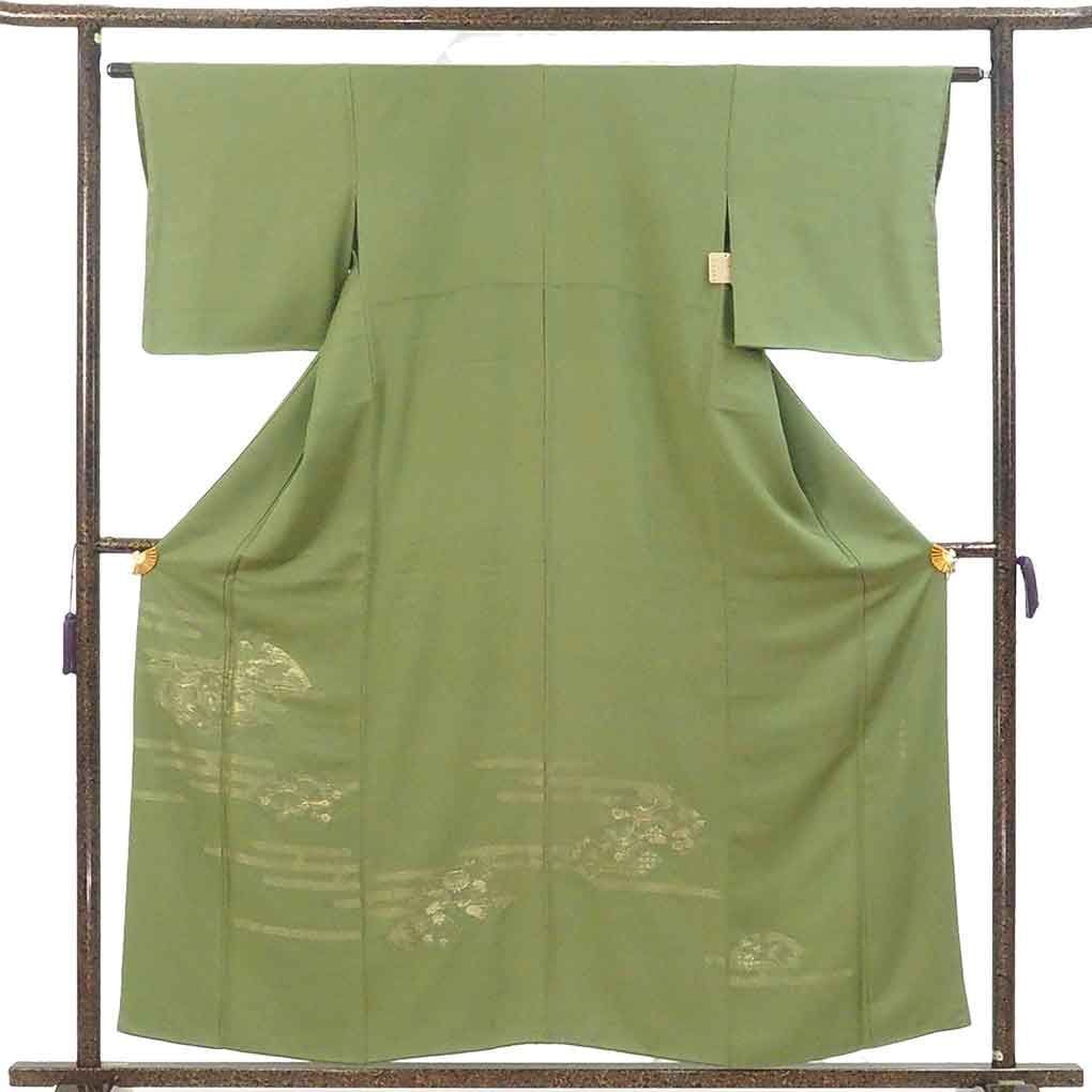 色留袖 身丈157cm 裄63cm 前幅22.5cm 後幅28.5cm 袖丈47cm 袖幅32cm レディース 袷 霞 裄Mサイズ 秋冬春用 正絹 シルク グリーン リメイク リユース リサイクル 呉服のきくや