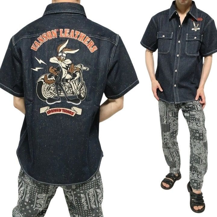 VANSON ネップ|デニム半袖シャツ バンソン ルーニー テューンズ|ルーニーテューンズ 厚手 コヨーテ|ライダー| キャラクター LTV-2507 刺繍 LOONEY TUNES ヴァンソン インディゴ サイズM|サイズL|サイズXL|サイズXXL