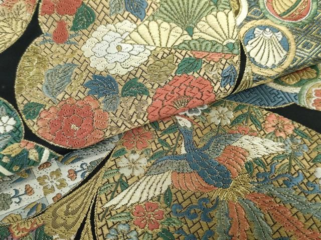平和屋着物○六通柄袋帯 唐織 明繍豊彩文 黒地 金糸 正絹 逸品