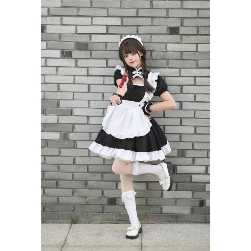 メイド服 メイドコス ロリータ メイド服 半袖 膝丈 ショート丈 ワンピース ロリータ服 チャイナカラー 穴開け 中華風 エプロンウェイトレス ハロウィン コスプレ