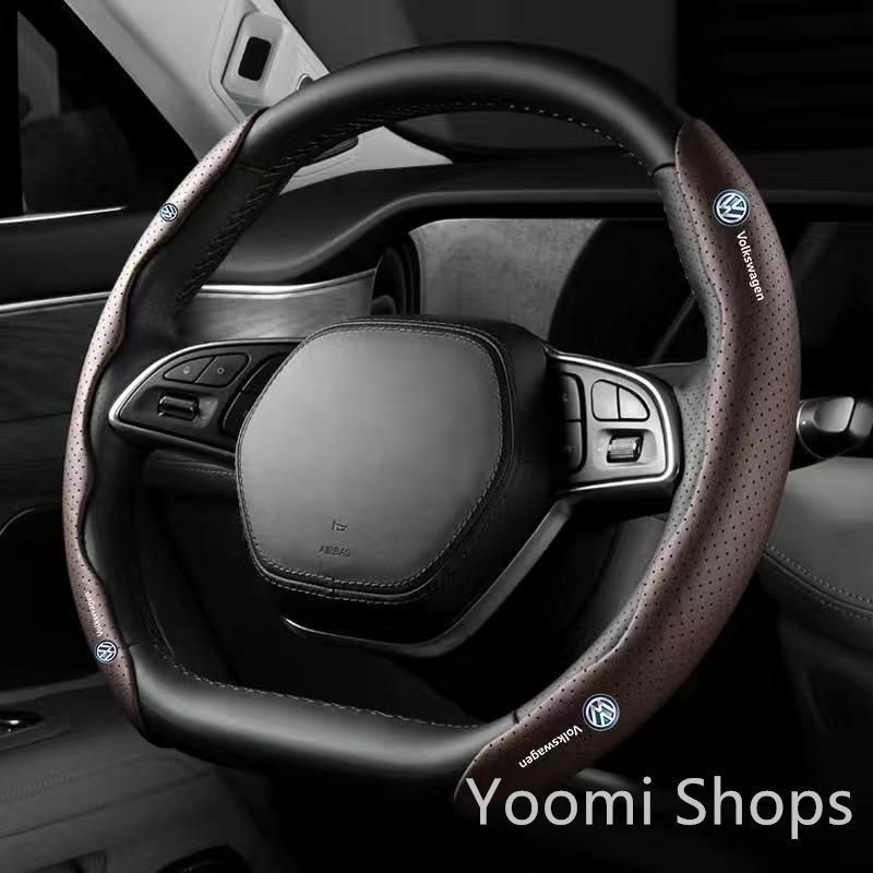 【新品未使用】フォルクスワーゲンモカブラウンハンドルカバー ハンドル保護 専車ロゴ ステアリングカバー レザー 滑り止め