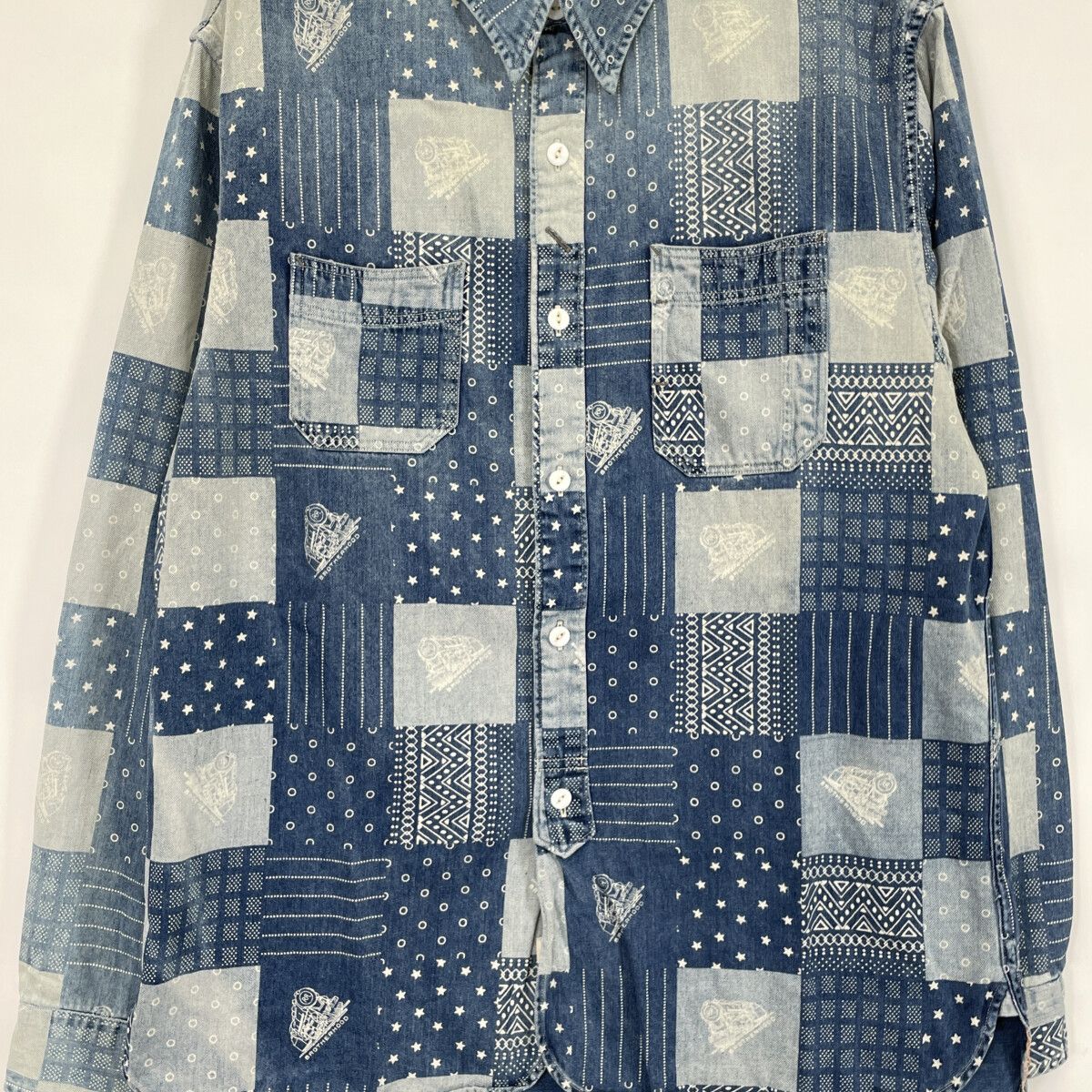 RRL ダブルアールエル ｲﾝﾃﾞｨｺﾞ×ﾌﾞﾙｰ ﾊﾞﾝﾄﾞｶﾗｰ ﾌﾟﾘﾝﾄ ﾊﾟｯﾁﾜｰｸ ｼｬﾂ M