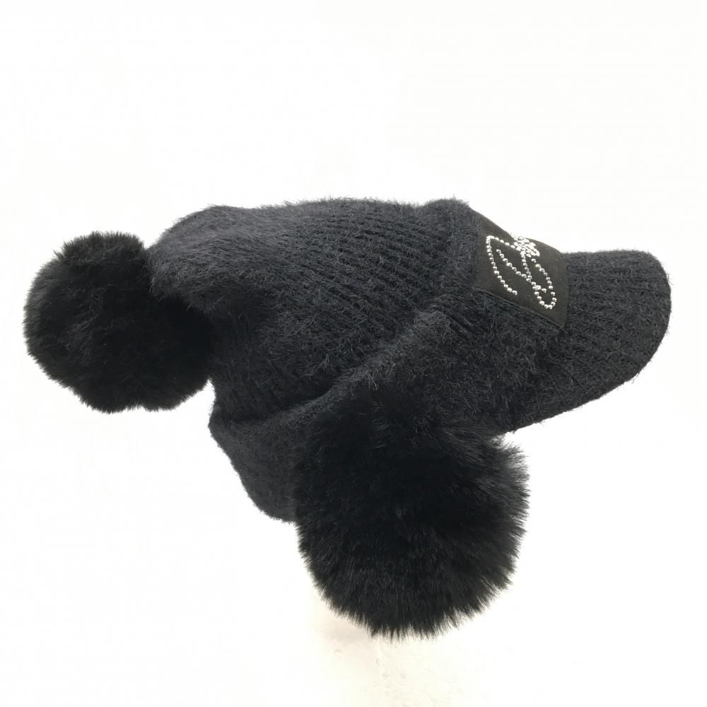 超美品】デサントゴルフ 耳当て付きつば付ニット帽 黒 フェイクファー