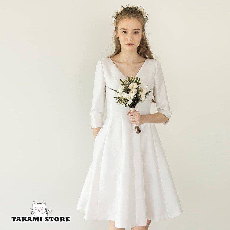 ウエディングドレス ミニドレス 白 二次会 花嫁 結婚式 大きいサイズ ミニ丈 Vネック 袖あり 五分袖 Aライン フ シンプル