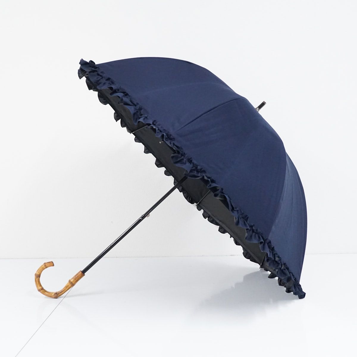 芦屋ロサブラン 完全遮光日傘 品 ショートサイズ シングル フリル ネイビー 紺 遮光 遮熱 UV 50cm S2493