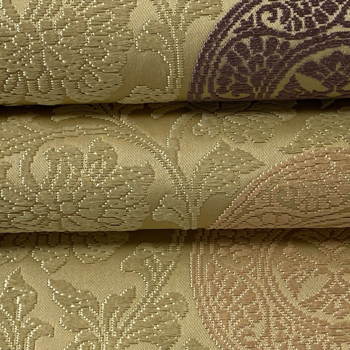 袋帯 逸品 落款 山口安次郎謹織 丸文 花唐草 唐織 ベージュ 六通