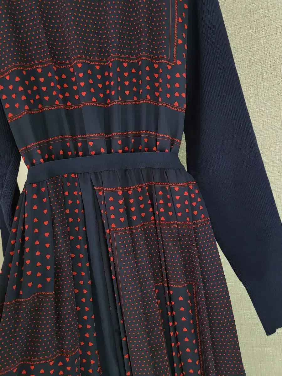 ネイビー ニット+シフォン ロング丈ワンピース