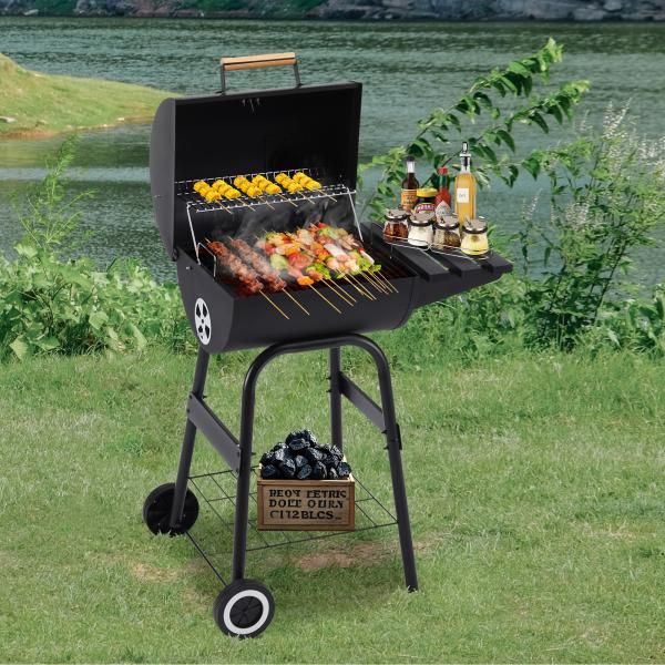 バーベキューコンロ BBQコンロ 3WAY 4-10人用 焼き網 温度計 サイドテーブル キャスター 煙突付き 棚板 タイヤ追加 バーベキュー BBQ アウトドア 屋外用