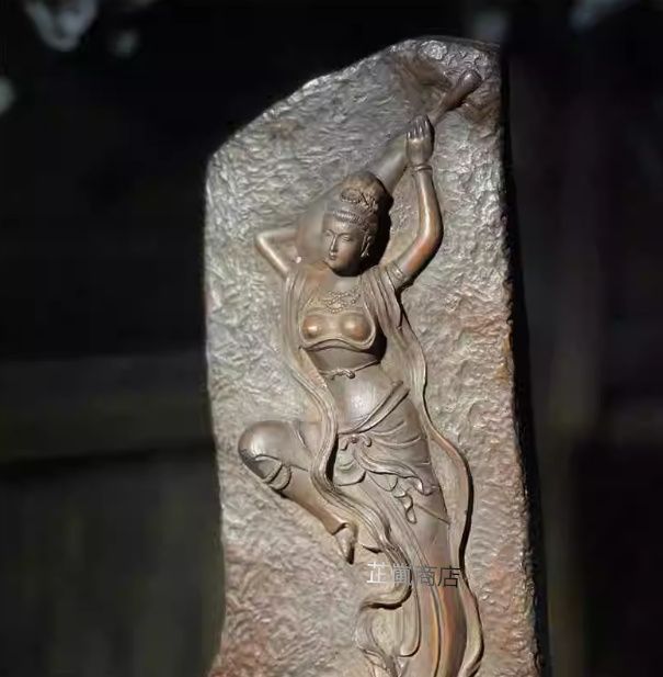 石造 敦煌飛天 浮彫りが琵琶を弾きま仕女 装飾品 禅意 卓上置物