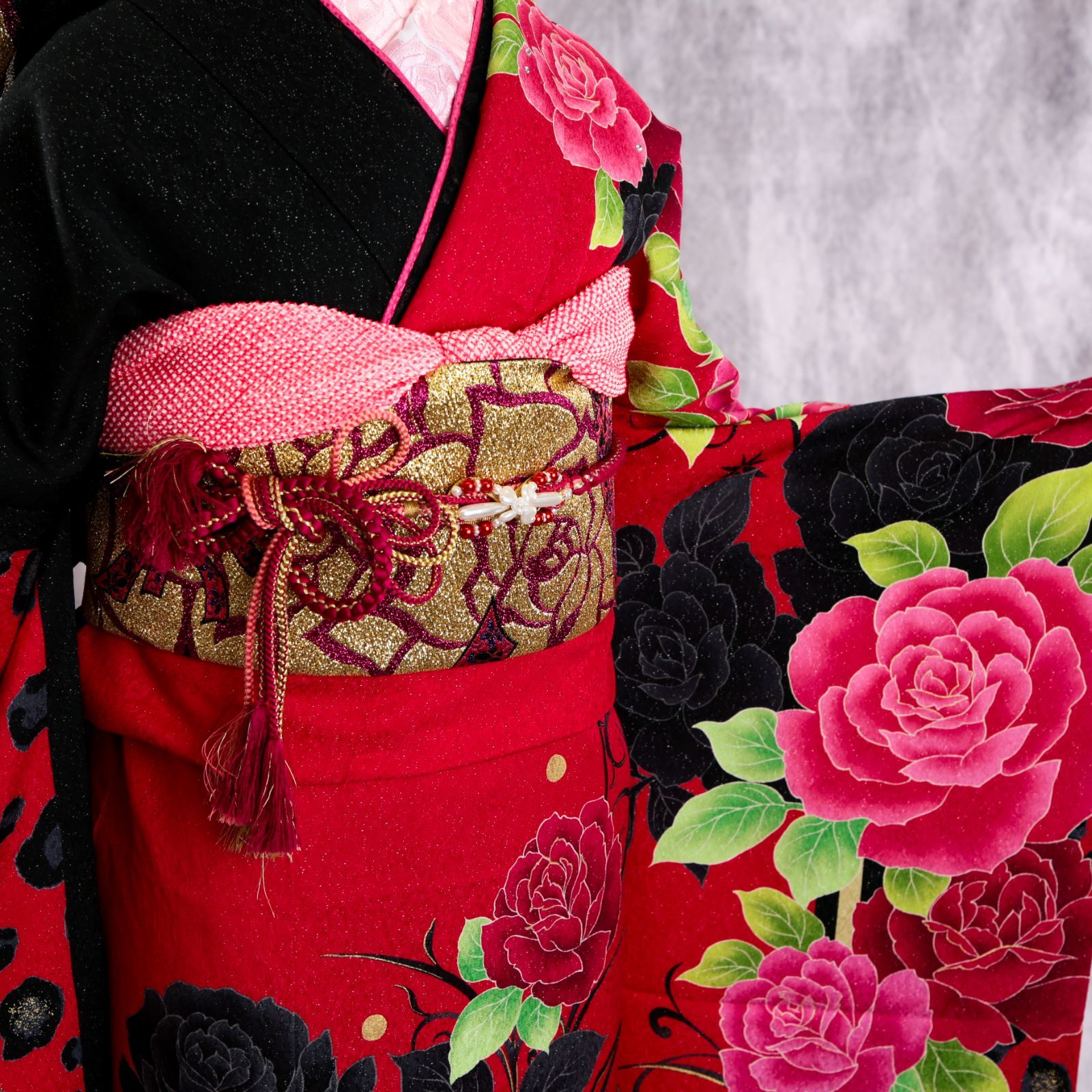 振袖フルセット 振袖セット 振袖 LLワイドサイズ 中古 赤×薔薇 美品