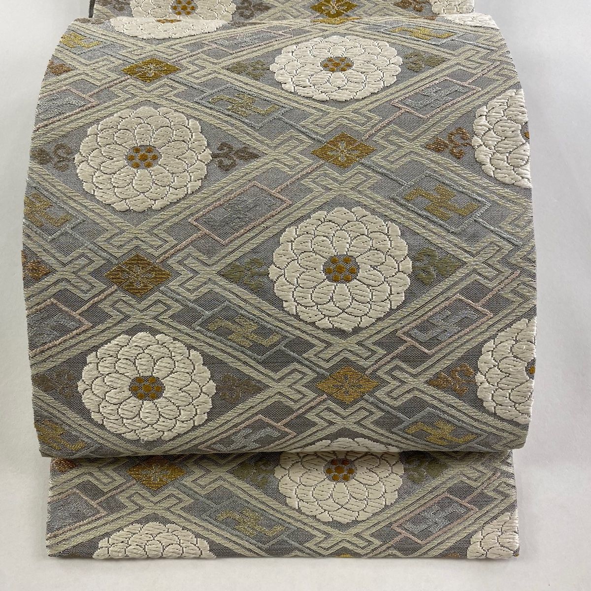 袋帯 誉田屋源兵衛 落款 純白金江州達磨 草花 菱 刺繍 金銀糸 銀色 六通 正絹