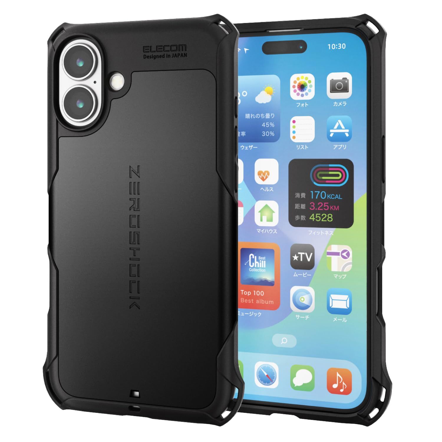 iPhone 16 Plus ケース 耐衝撃 衝撃吸収 ZEROSHOCK エレコム [フィルム付き] ハニカム構造 4つ角ダンパー ワイヤレス充電対応 ストラップホール付き ブラック PM-A24BZEROBK