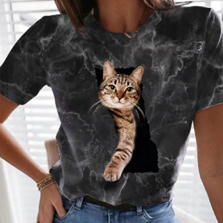 3D 猫プリントtシャツ 3D柄 カットソー レディース 半袖 3D T