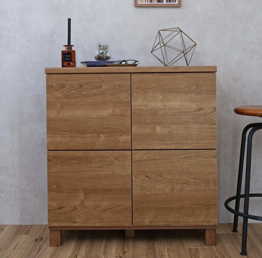 ♪日本製 2列✕2段 プッシュ扉 キャビネット ライトブラウン 幅74cm 収納棚 組立式 プッシュ扉 リビング収納 収納家具 おしゃれ 木製 取っ手無し