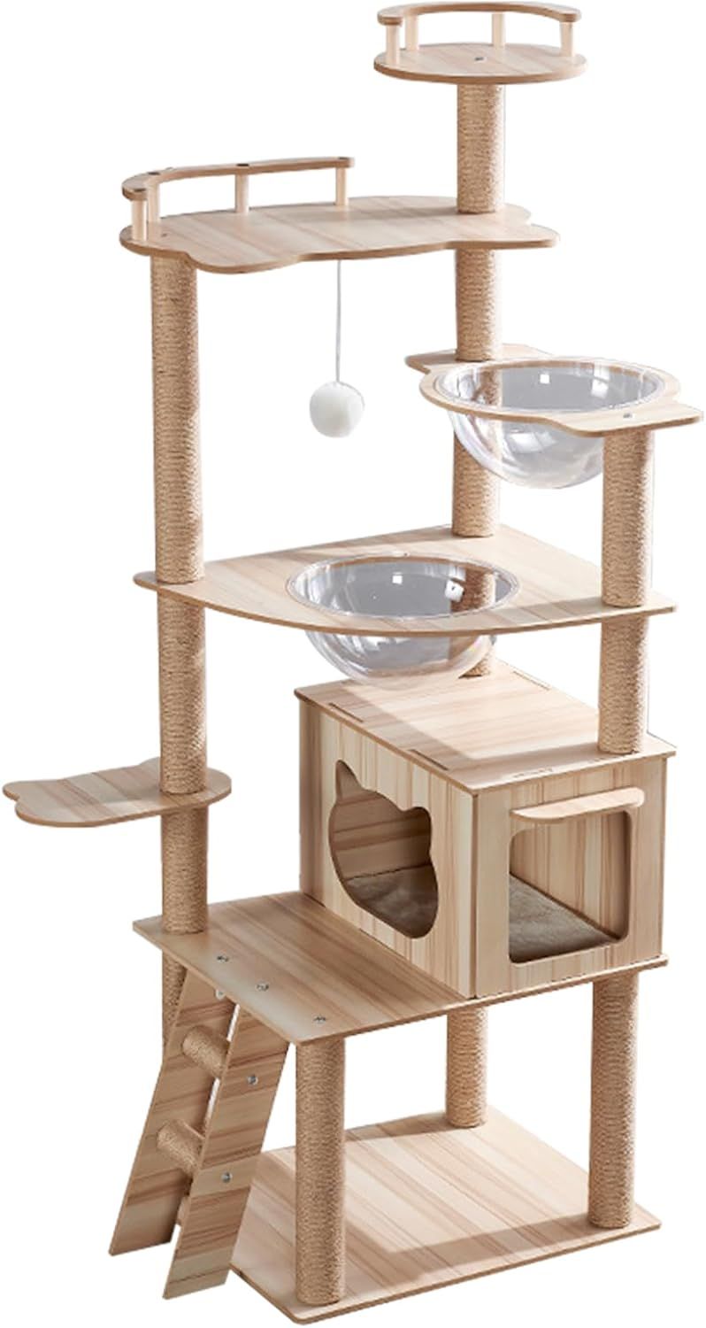 VARMHUS キャットタワー 猫タワー 木製 大型猫 多頭飼い 据え置き 高い安定性 宇宙船2個 麻紐 スクラッチ サイザル麻ロープ巻き 猫用 高さ170cm