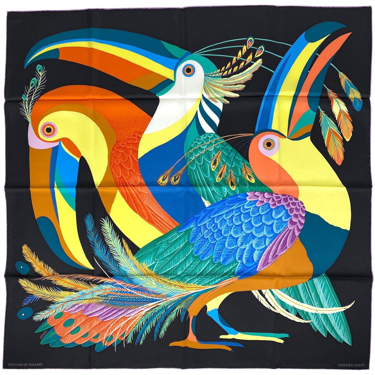 エルメス HERMES カレ 90 TOUCANS DE PARADIS 楽園のオオハシ スカーフ シルク ブラック マルチ レディース