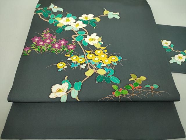 平和屋着物●塩瀬　九寸名古屋帯　枝椿　草花文　正絹　逸品　DAAU5453ps 平和屋着物○塩瀬 九寸名古屋帯 枝椿 草花文 正絹 逸品 DAAU5453ps