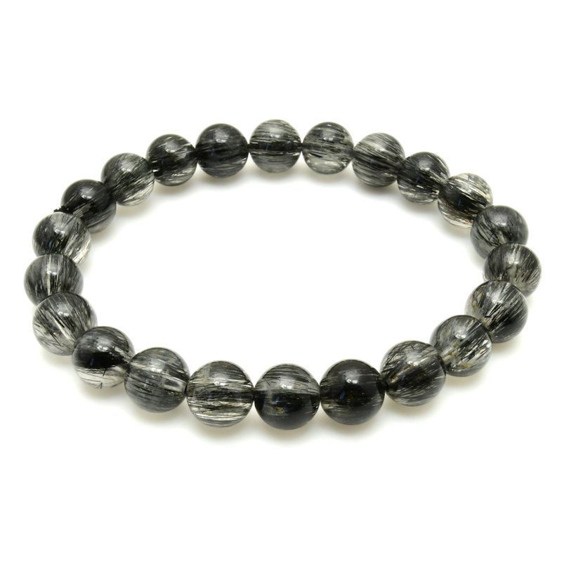 漆黒の針が渋カッコいい 虹入り 8～9mm ブラックトルマリンインクォーツブレスレット 一点物 GHB58 安心 守護 浄化 前向き 安定 落ち着き ネガティブ除去 高品質 プレゼント 贈り物 天然石19ｇ 浄化発送 ギフト 京海堂 天然石の卸 京の蔵