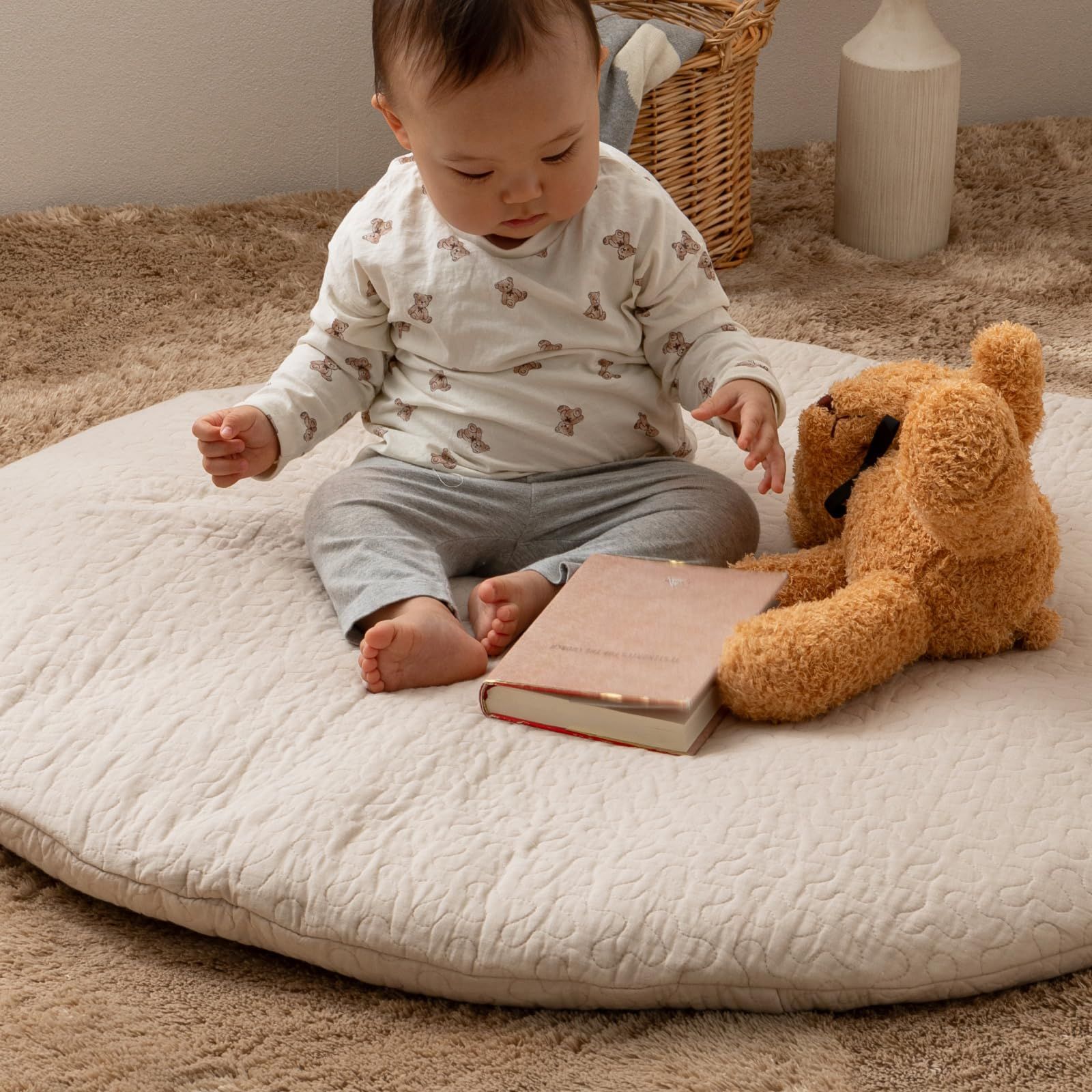 萩原 サニーマット ベビークッション デコール ベージュ 直径約100 cm 綿 イブル 円形 乳児 お昼寝 月齢フォト