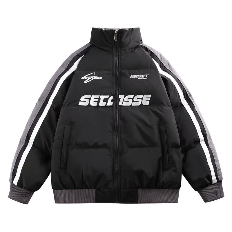 ♥ h ヴィンテージ風 配色ライン レタリング スポーティー 中綿ジャケット｜ユニセックス 冬用 厚手 立ち襟アウター