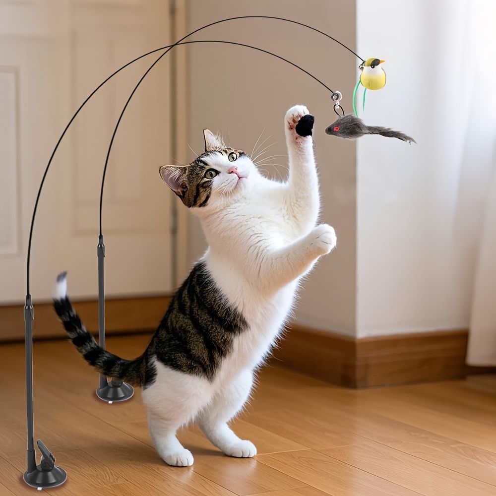 3個セット 猫用おもちゃスティック シミュレート鳥 鼠 ハンズフリー 長いポール ダブルロッド ベル付き 強力吸盤 インタラクティブ 子猫用 狩り ペット用品 手作り 猫の誕生日プレゼント フェイク羽根 ヘッド ランダムサイズ ランダム バッテリー不要