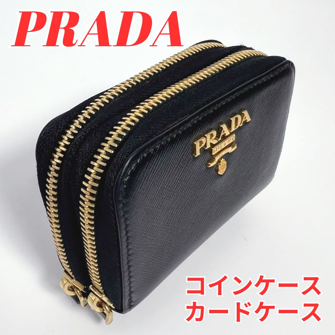 PRADAプラダ財布チャック美品カード箱付き小銭入れコインケース黒金ゴールド