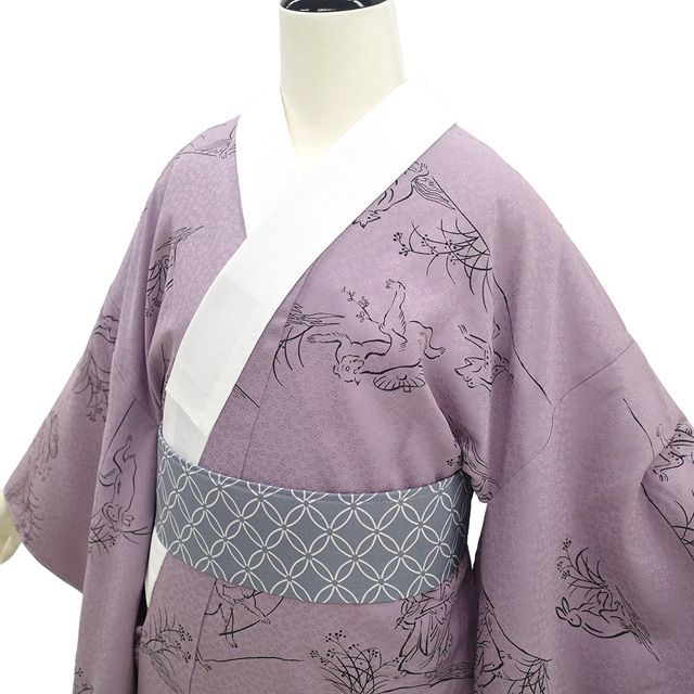 【未使用】鳥獣戯画　正絹　長襦袢　★半衿プレゼント 新古品】 長襦袢 未使用 襦袢 正絹 浅紫色 鳥獣戯画 うさぎ 兎