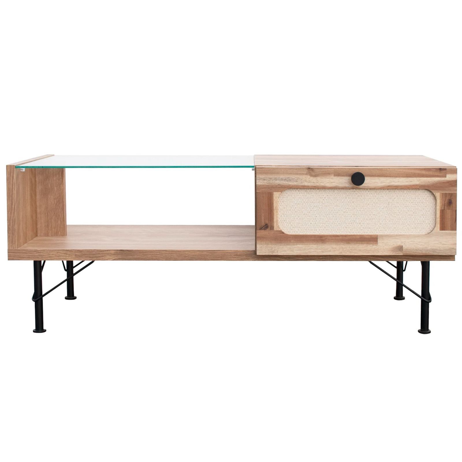 【人気商品】アカシア材 麻柄クロス張り ガラス天板 幅100cm 引出し付き リビングテーブル 国産 GART TIGO 大川家具