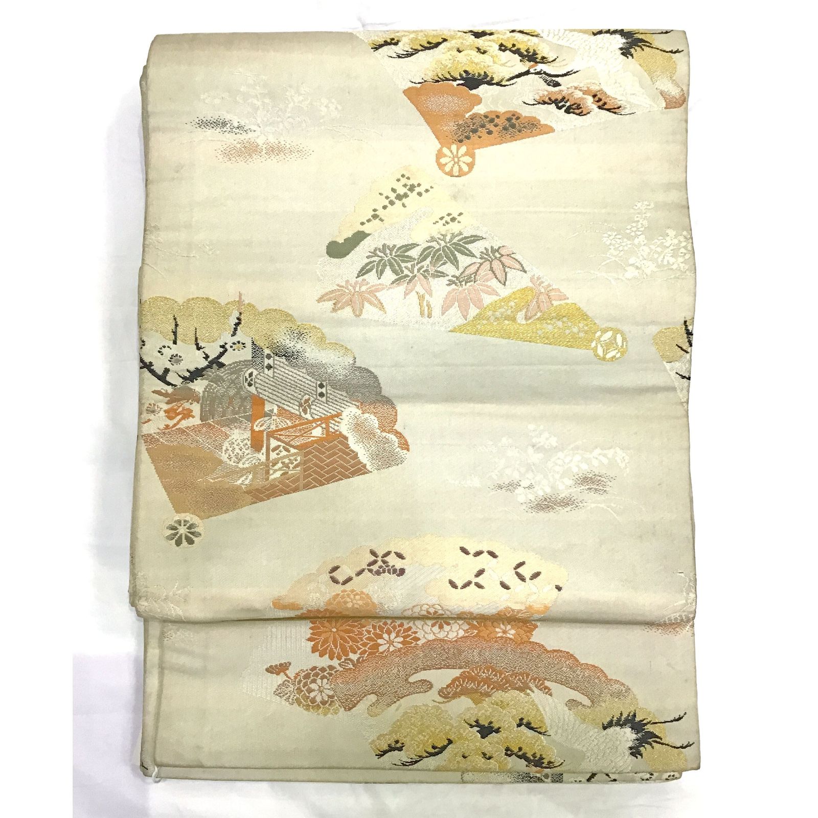 丸帯 正絹 草花 扇 白地 No.200701-0856 梱包サイズ60
