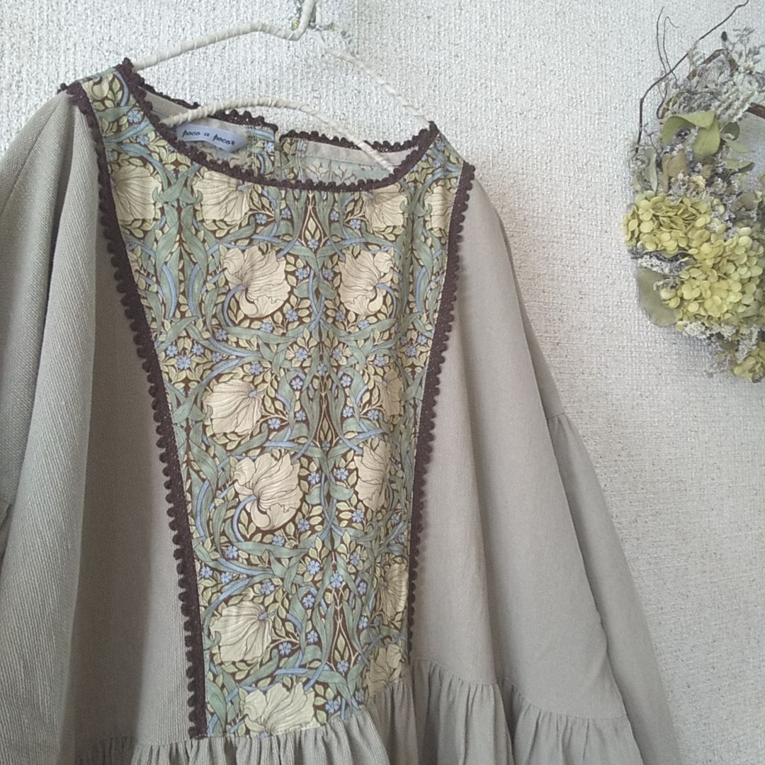 ハンドメイド ウイリアムモリステキスタイル切り替えワンピース  