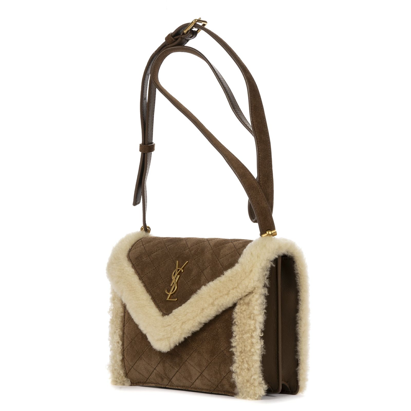 YVES SAINT LAURENT イヴサンローラン 版 シアリング フラップ ポシェットベージュ ブラウンマトラッセスエードレザー 羊毛皮A