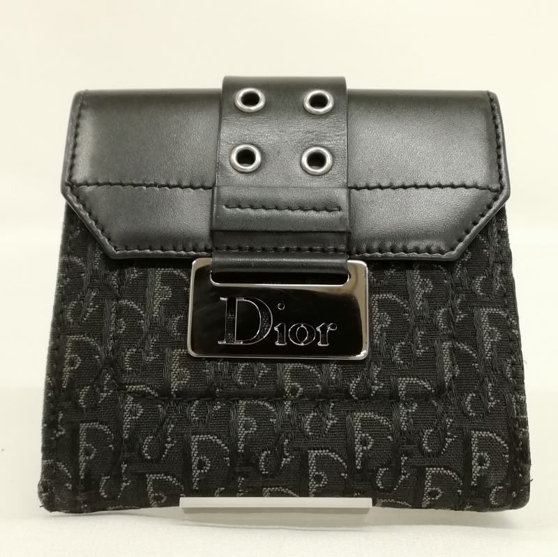 クリスチャンディオール 二つ折り財布 トロッター柄 ストリートシック ロゴ金具 二つ折り財布 Wホック ハート 裏地トロッター柄 レザー ブラック