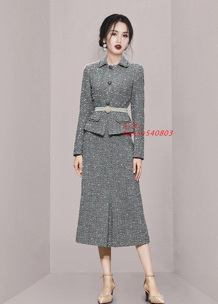 2点セット S-2L ジャケット スカート ツイード 上品 ベルト付き 膝丈 202112 結婚式 長袖 202111 おでかけ パーティ 通勤 hax5v540803