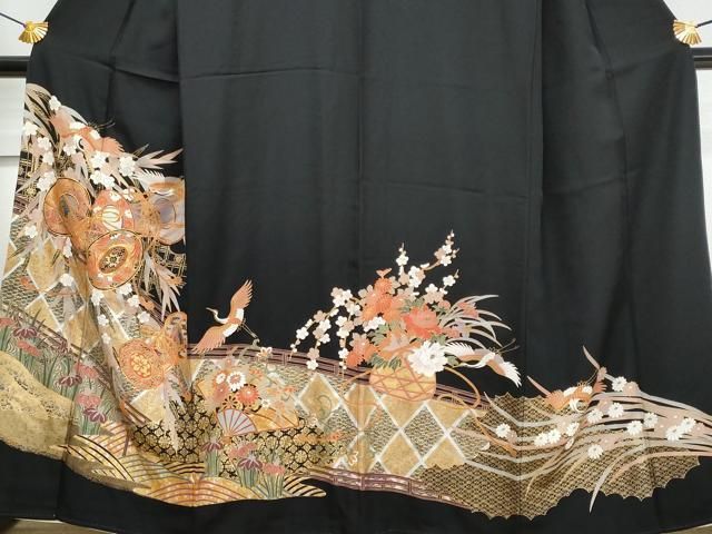 平和屋着物□豪華黒留袖 駒刺繍 鼓飛鶴花文 金彩 正絹 逸品