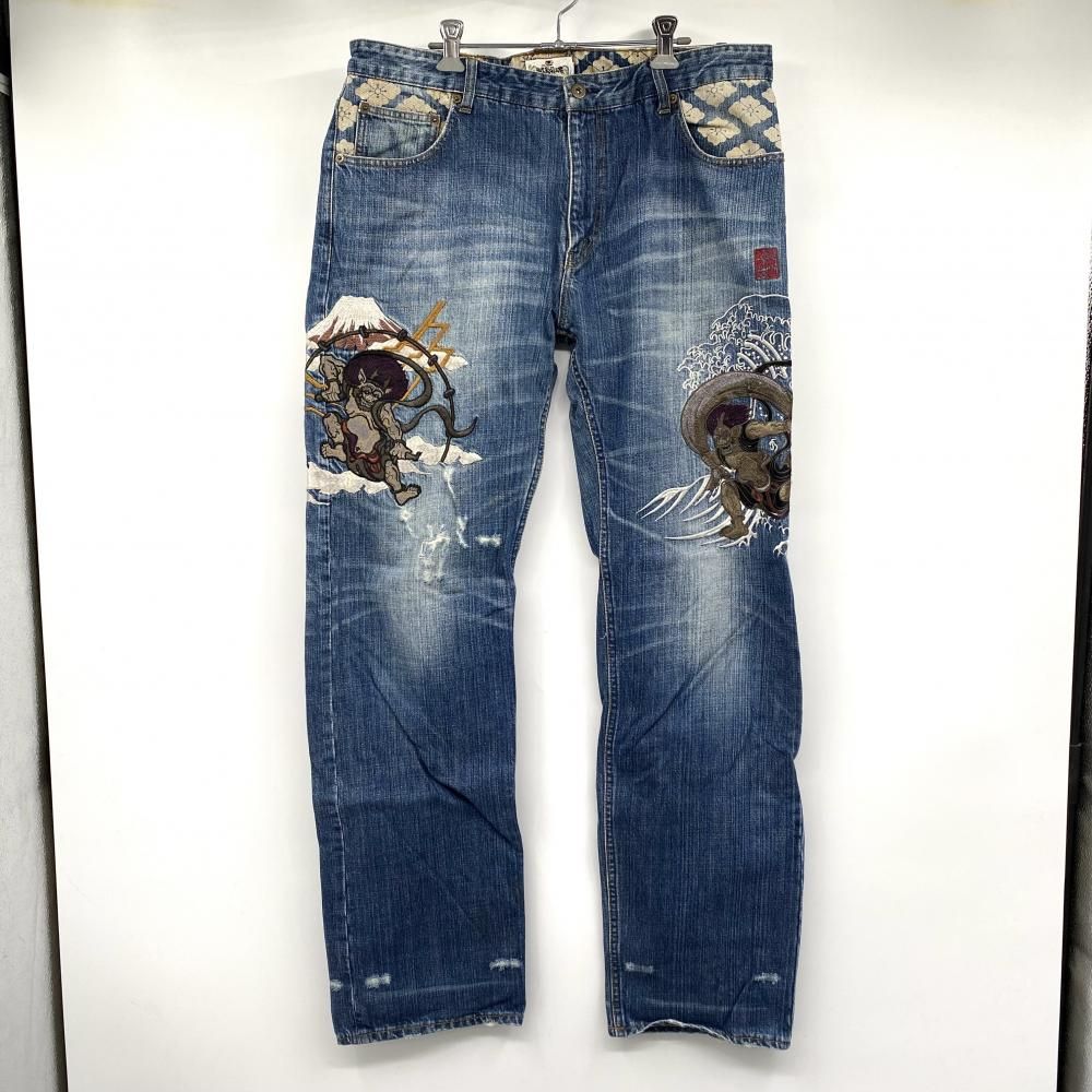 【中古】絡操魂 風神雷神刺繍デニムパンツ サイズ38 インディゴ からくりだましい[17]