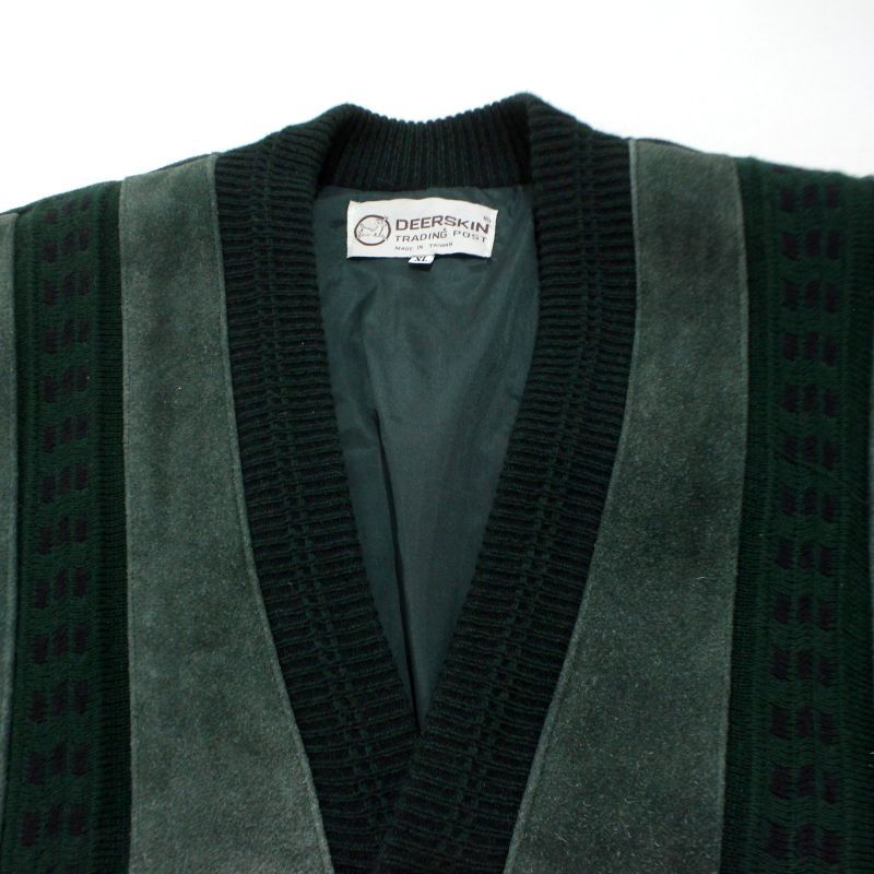 80s vintage DEERSKIN 総柄 レザー切り替え ニットカーディガン
