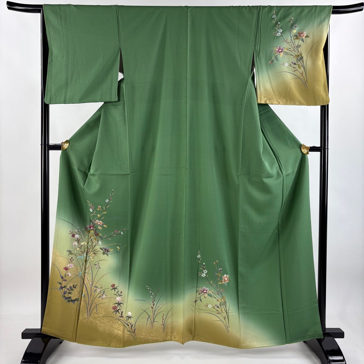 訪問着 身丈161cm 裄丈66cm M 袷 草花 流水 金彩 ぼかし 緑 正絹 秀品