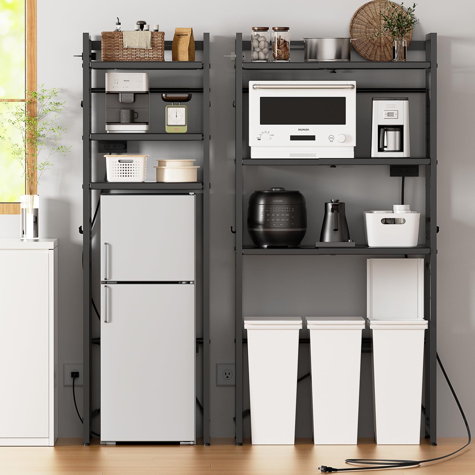 新着 冷蔵庫ラック キッチン 棚 ゴミ箱 ランドリーラック W50～80×D42×H170cm洗濯機ラック レンジ棚 耐荷重90kg 高さ13段階調節 大型電子レンジ対応 フック12個付き 頑丈 オープンラック キッチンラック 食器棚 炊飯器 ブラック