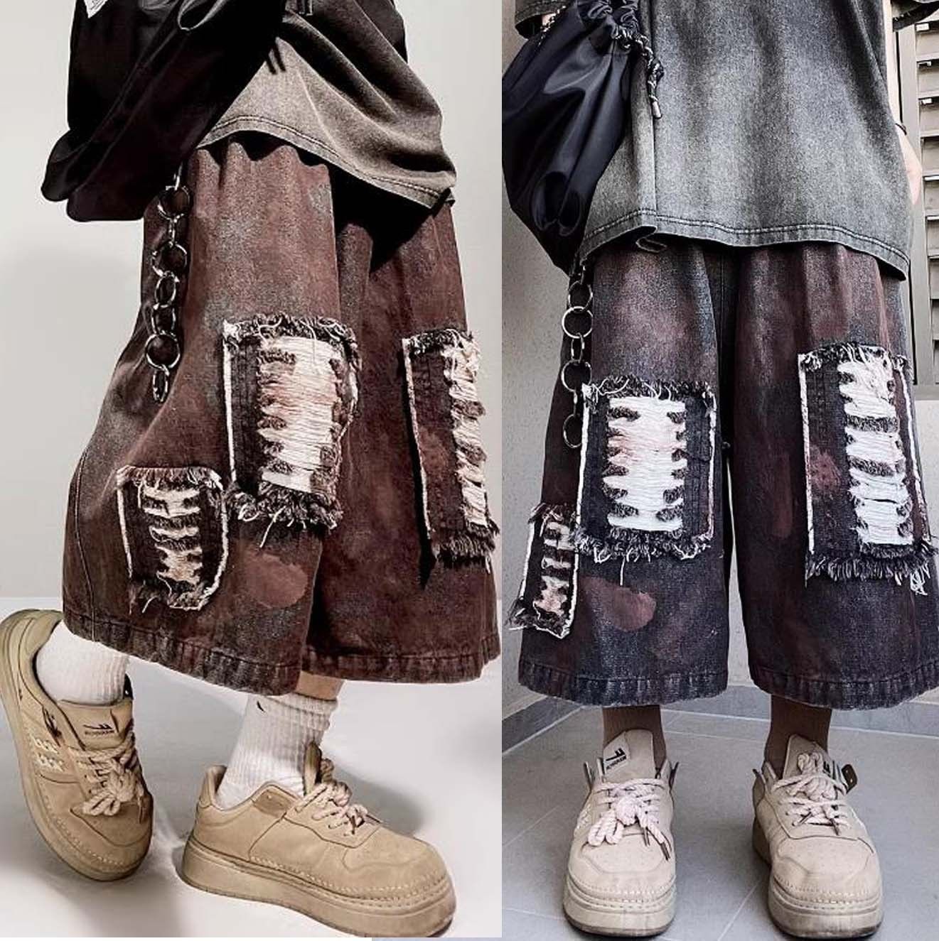 ストリート クラッシュ ダメージ加工 パンツ ワイド ショット ハーフ