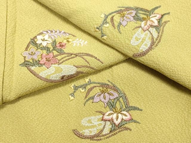 平和屋着物○訪問着 総刺繍 草花文 抹茶色 正絹 逸品 DAAR4321tw