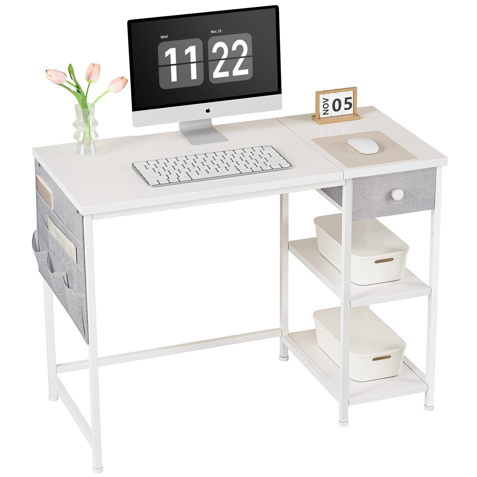 勉強机 幅100cm パソコンデスク 布製引き出し付きデスク つくえ pcデスク desk ラック付きデスク 机 ワークデスク オフィスデスク 作業机 デスク 左右入替可 テレワークデスク YeTom 在宅勤務 白い